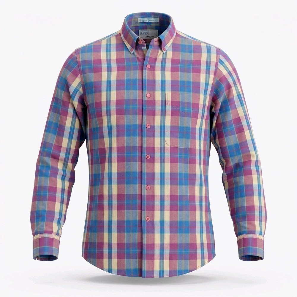 Levis Colorgraphs Mens M Plaid Button Down Shirt Vintage Purple Blue Long Sleeve